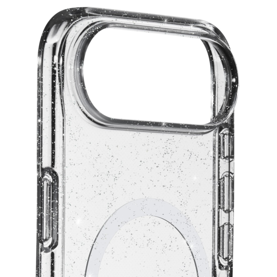 Nahaufnahme einer durchsichtigen Handyhülle mit Glitzer. Sie hat einen Kameraausschnitt und ein kreisförmiges Design.