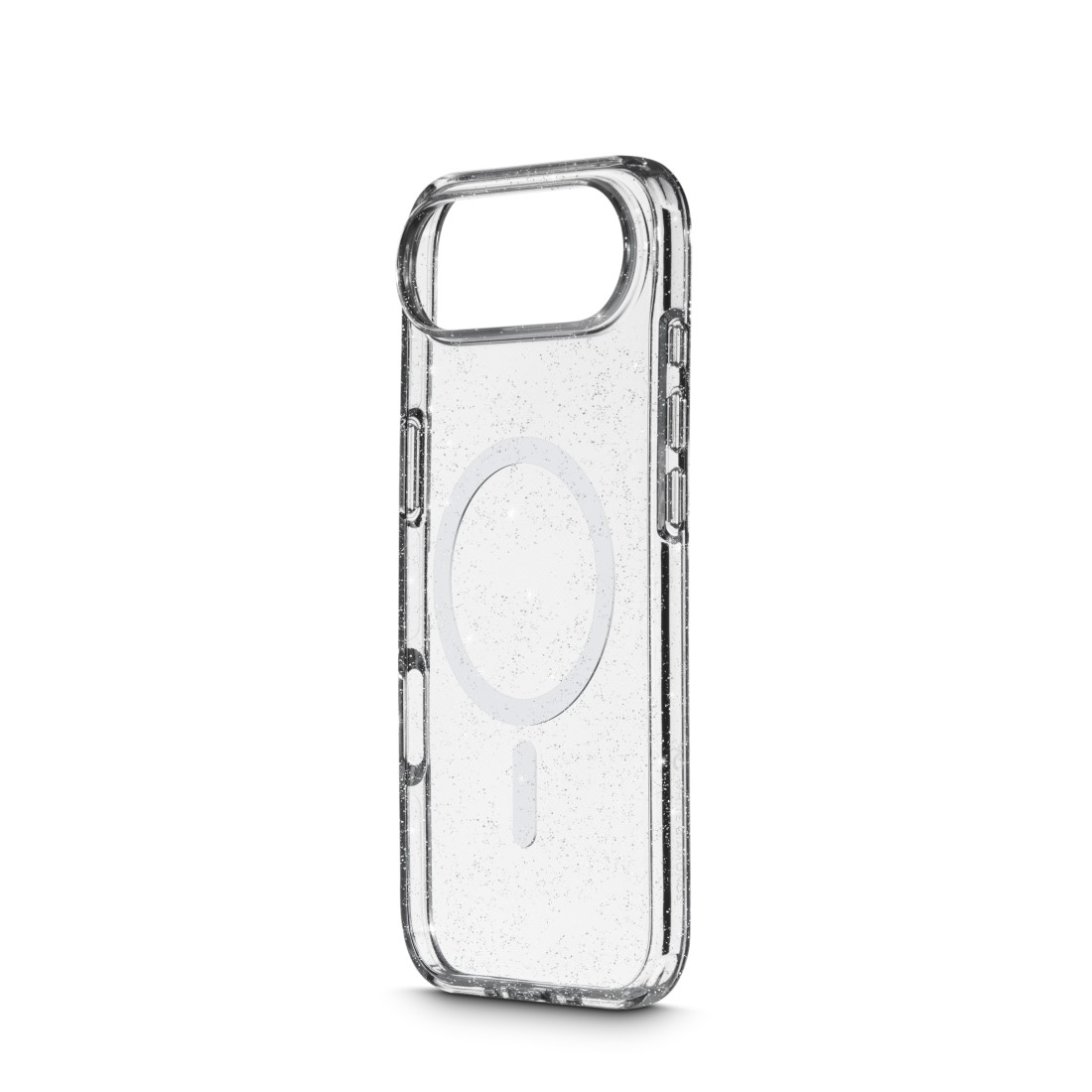 Transparente Handyhülle mit Glitzer, mit Kameraausschnitt und MagSafe-Kreis, auf weißem Hintergrund.