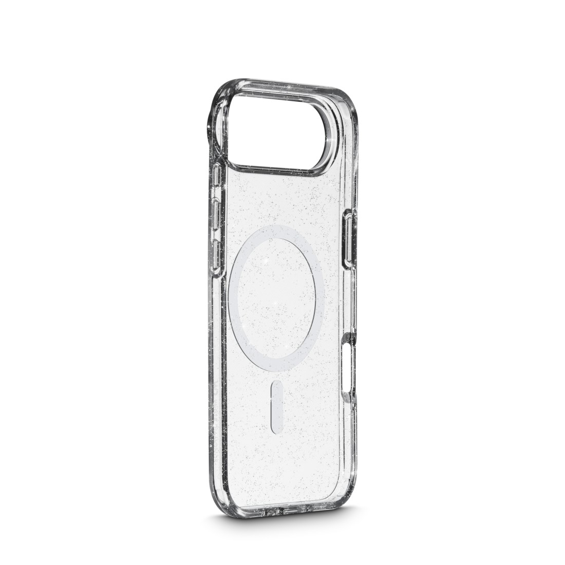 Eine transparente iPhone-Hülle mit Glitzer, einem Kameraausschnitt und einem kreisförmigen magnetischen Ladebereich.
