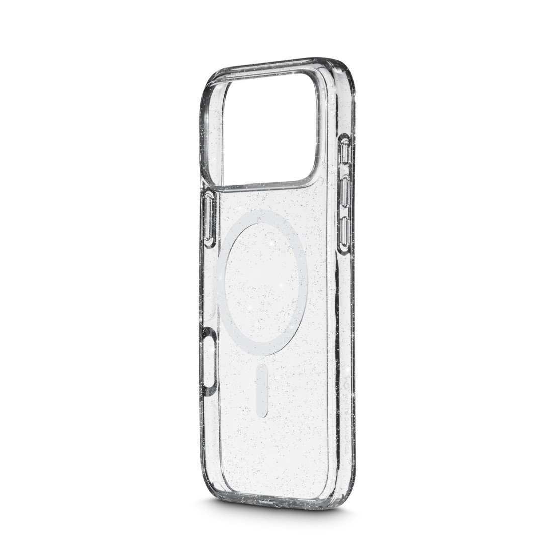 Transparente, glitzernde Handyhülle mit kreisförmigem MagSafe-Design auf der Rückseite. Die Hülle befindet sich auf weißem Hintergrund.