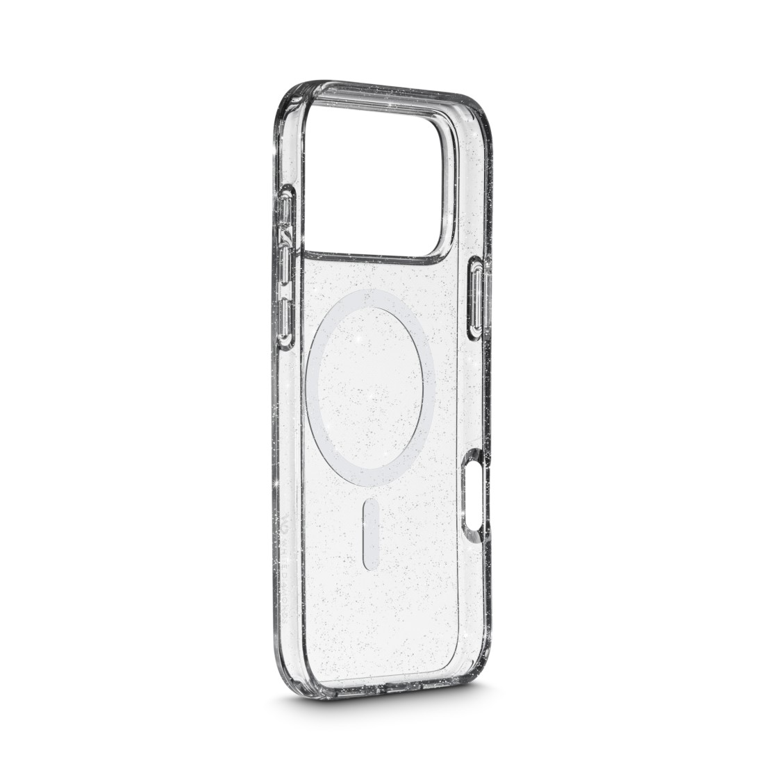 Eine transparente Handyhülle mit Glitzereffekt. Sie hat einen Kameraausschnitt und einen MagSafe-Kreis auf der Rückseite, vor weißem Hintergrund.