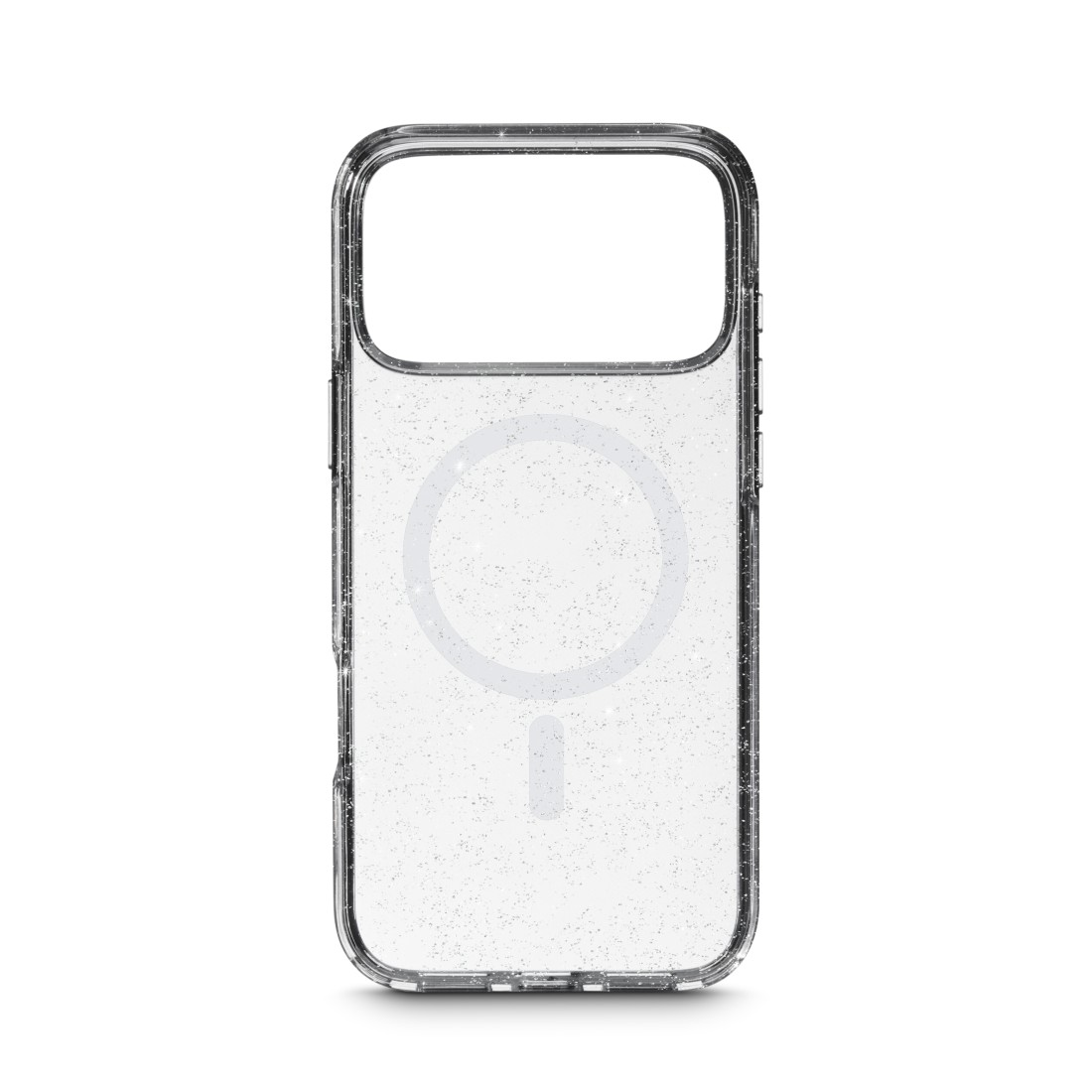 Eine transparente Handyhülle mit Glitzer, mit einem MagSafe-Kreis und einem Ausschnitt für den Ladeanschluss, vor weißem Hintergrund.