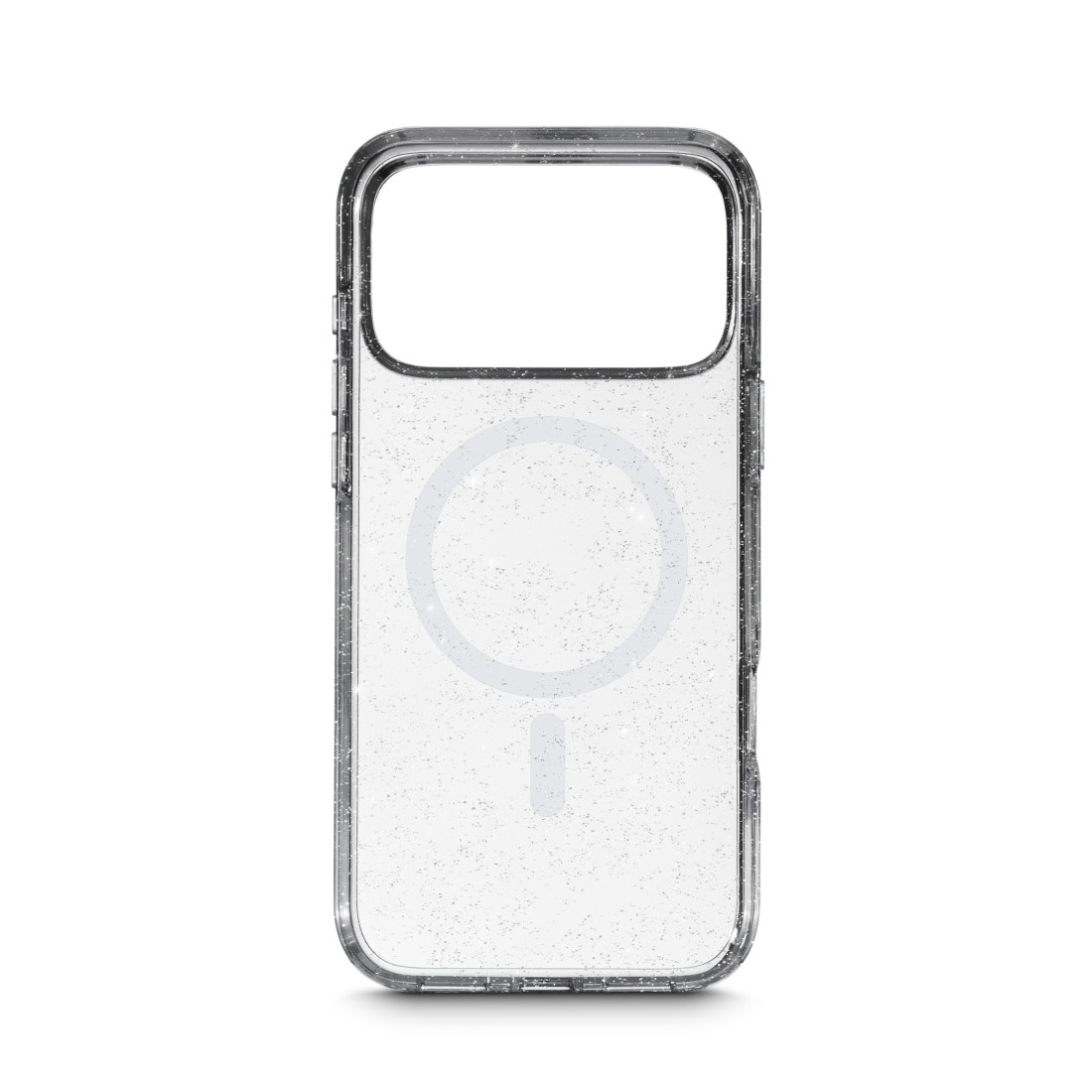 Eine transparente Handyhülle mit Glitzer. Sie hat einen Kameraausschnitt und einen MagSafe-Kreis. Der Hintergrund ist weiß.