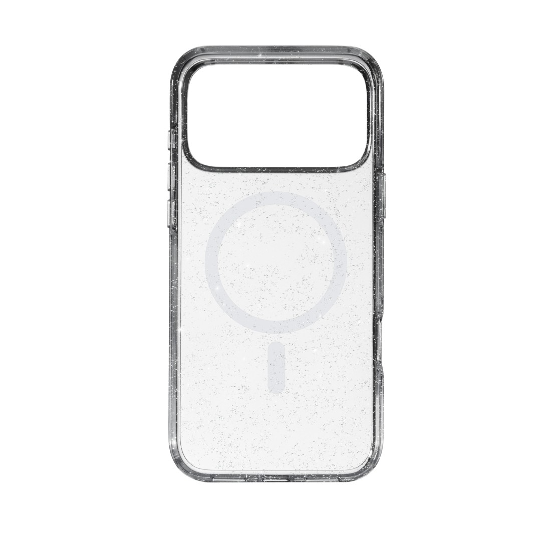 Eine transparente Handyhülle mit Glitzereffekt. Sie hat eine rechteckige Form mit Kameraausschnitt und einem kreisförmigen Design auf der Rückseite.
