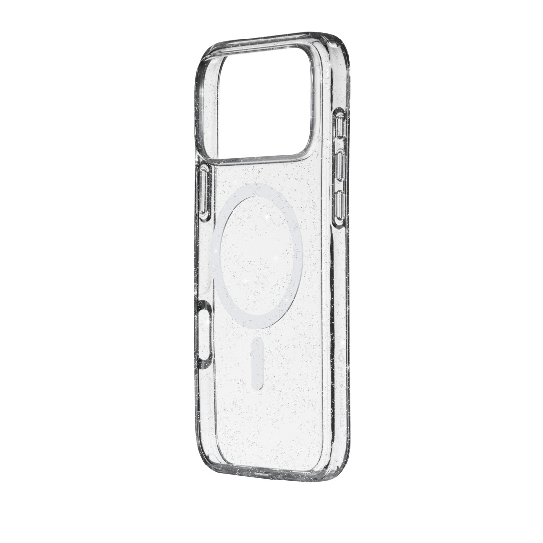 Eine transparente, glitzernde Handyhülle. Es hat einen MagSafe-Kreis auf der Rückseite. Die Hülle ist rechteckig mit abgerundeten Ecken und Aussparungen.