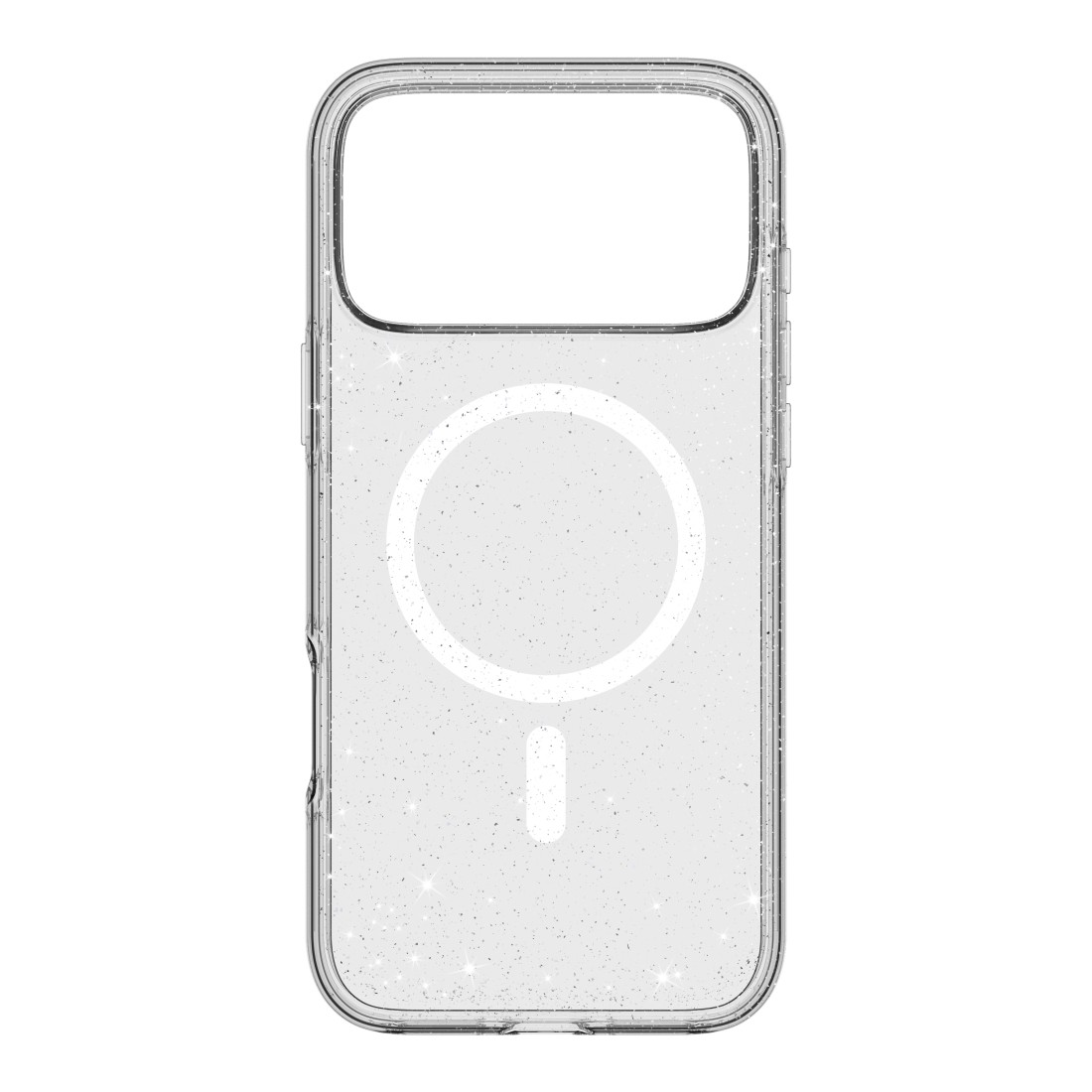Transparente Handyhülle mit Glitzer. Sie hat einen weißen Kreis und einen Strich für drahtloses Laden.