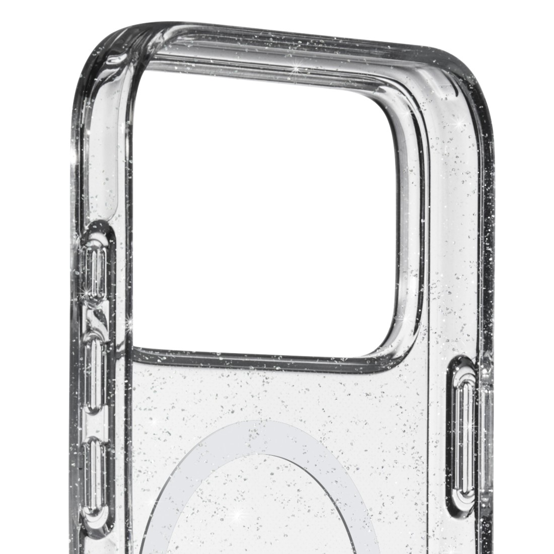Transparente Handyhülle mit Glitzer. Rechteckige Öffnung für die Kamera, abgerundete Kanten und ein kreisförmiges Design.