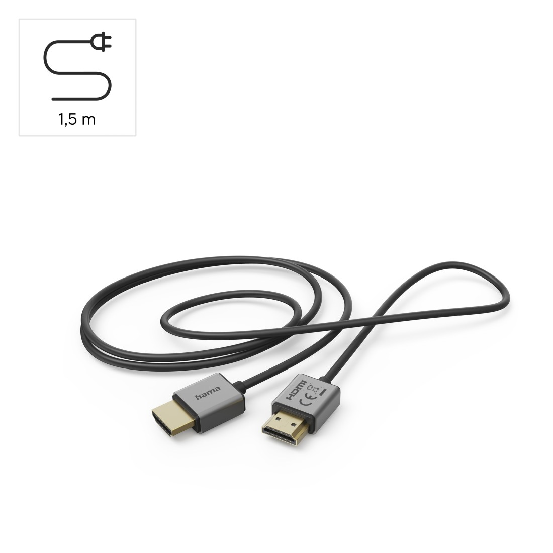 Schwarzes HDMI-Kabel mit Anschlüssen. Oben links ein Diagramm eines Steckers und die Aufschrift '1,5 m'.
