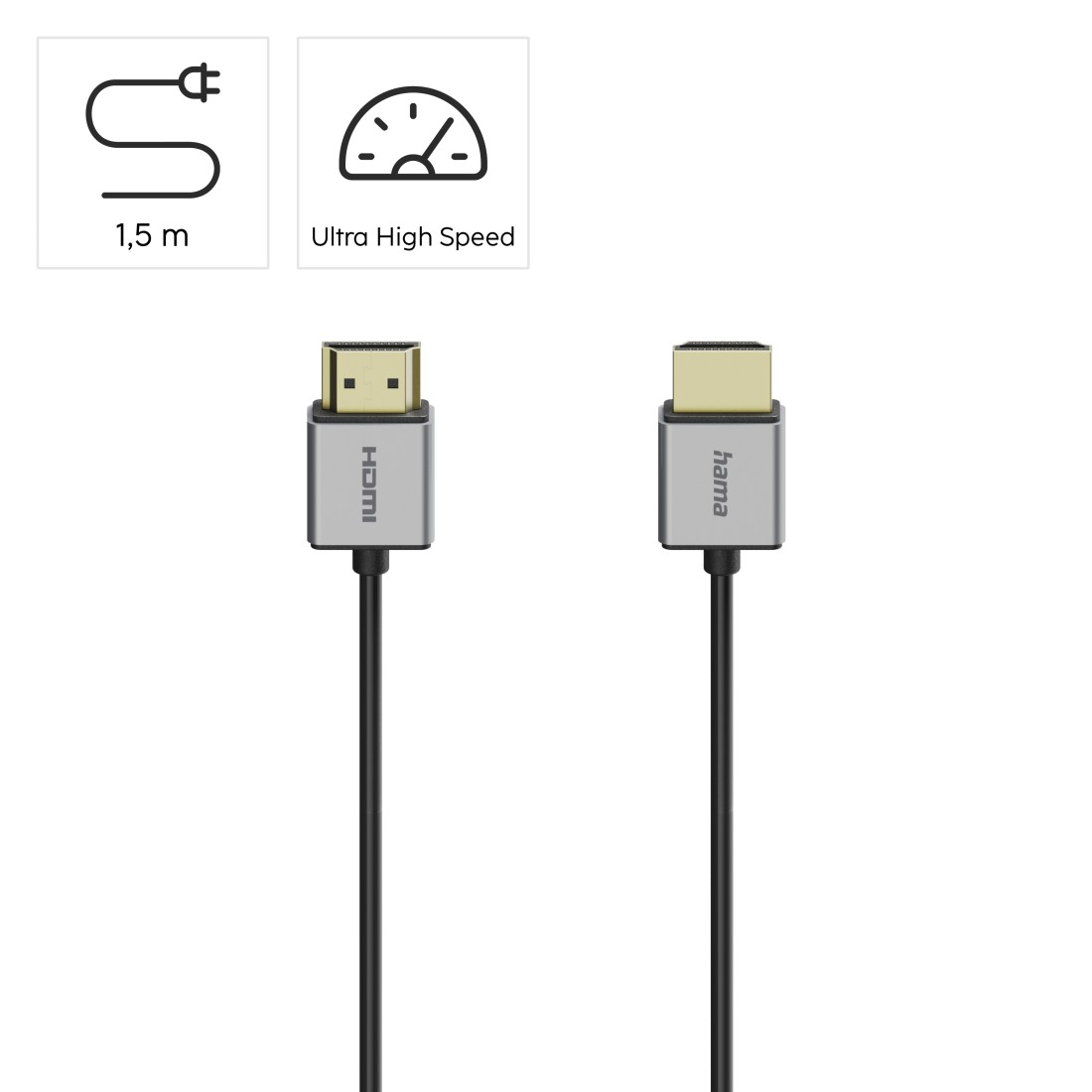 Zwei HDMI-Kabel mit silbernen Steckern und schwarzen Kabeln. Oben sind Symbole: Stecker mit 1,5 m und ein Tachometer mit 'Ultra High Speed'.