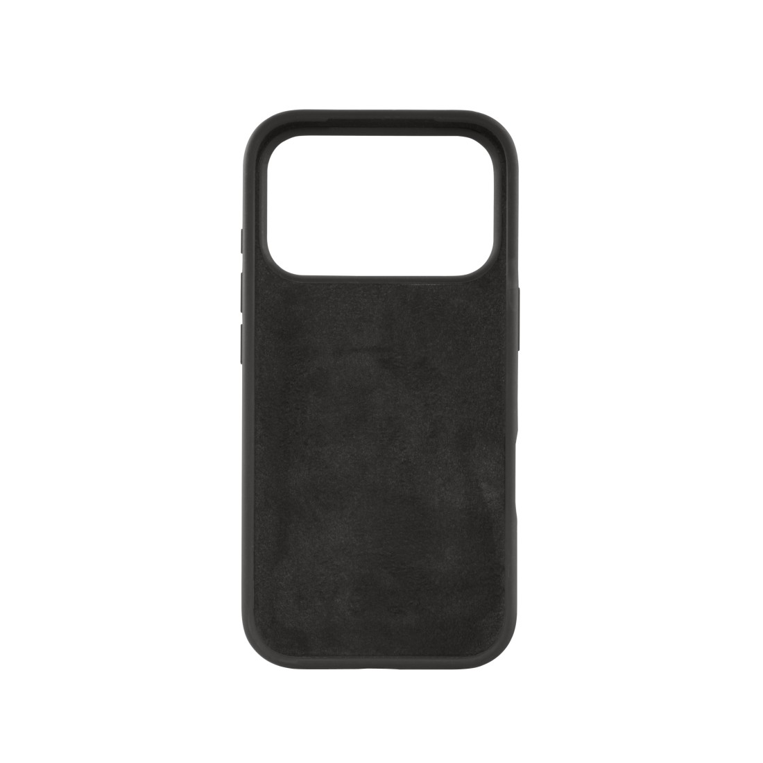 Eine schwarze Handyhülle mit großem Kameraausschnitt. Die Hülle ist rechteckig mit abgerundeten Ecken, vor weißem Hintergrund.