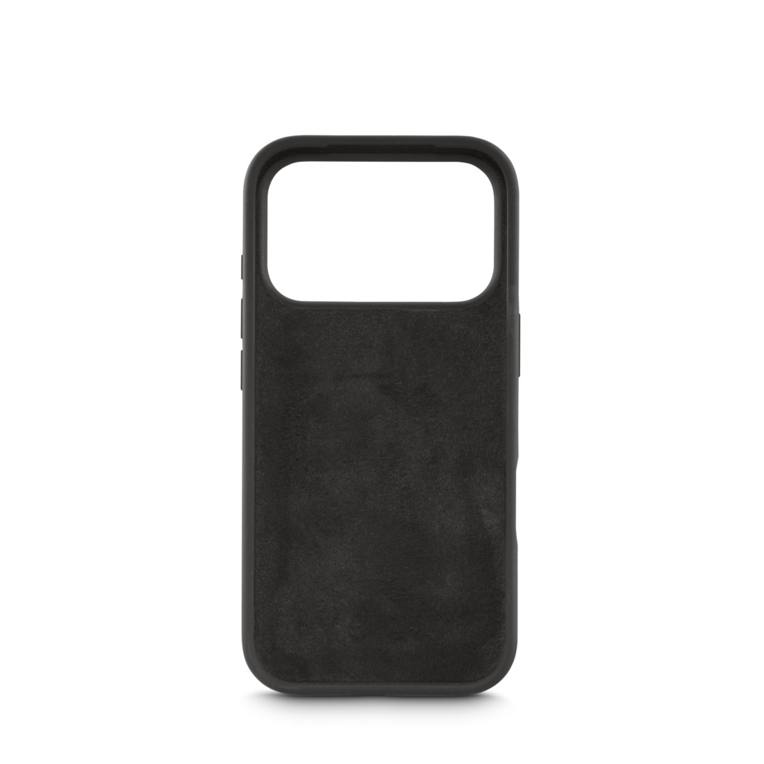Eine schwarze Handyhülle. Die Hülle hat eine große Kameraöffnung und ist vor weißem Hintergrund platziert.