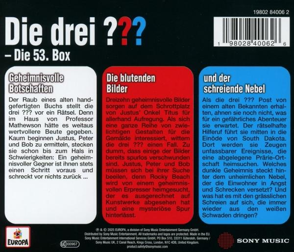 CD-Cover mit Text: Die drei ??? Die 53. Box. Drei Textblöcke, ein Barcode und ein Logo auf dunklem Hintergrund.