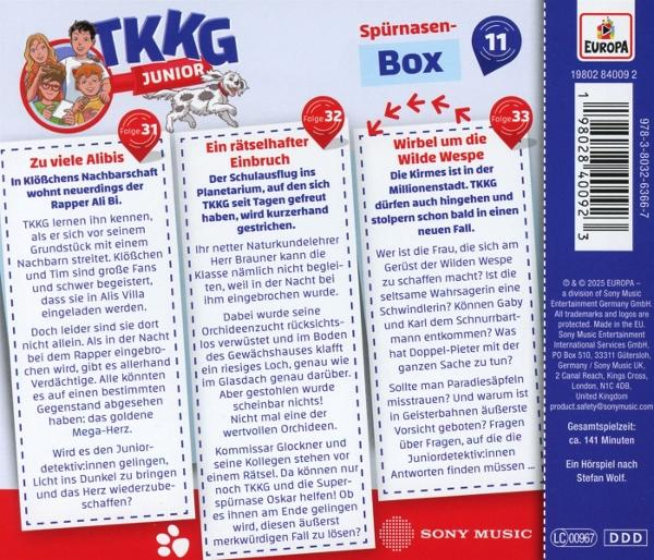 CD-Cover mit TKKG-Figuren, einem Hund und Text auf Deutsch über Abenteuer.