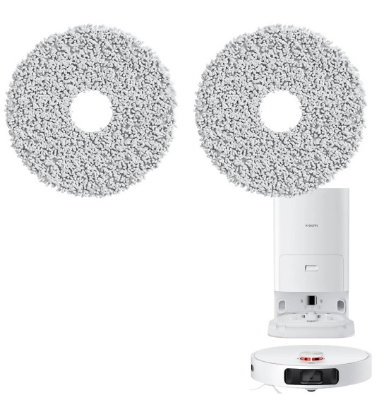 Dwie okrągłe, jasnoszare pady do mopa, biała baza odkurzacza i biały odkurzacz z czerwonym przyciskiem.