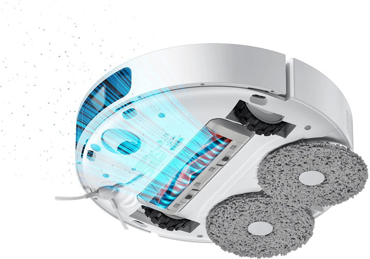 Widoczny jest biały robot sprzątający. Jego wewnętrzne komponenty są widoczne, z niebieskimi i czerwonymi akcentami wskazującymi funkcję czyszczenia.