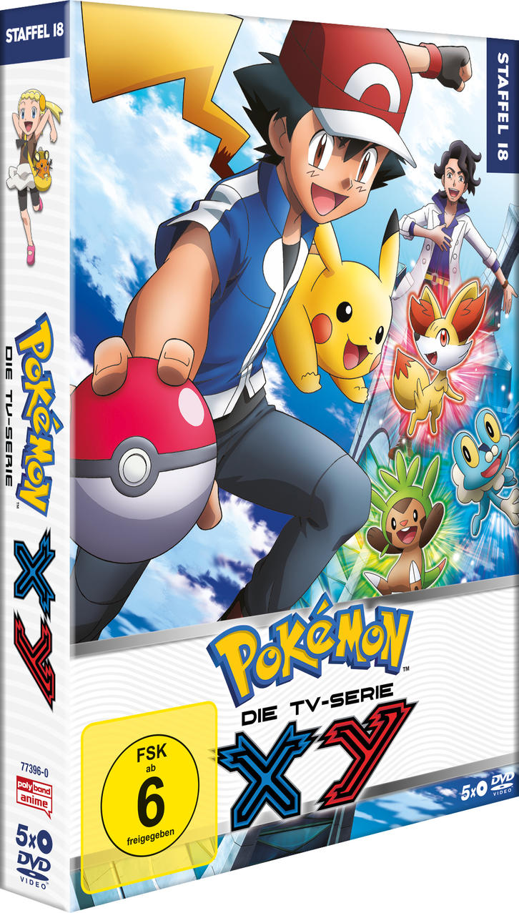 DVD-Cover von Pokémon Staffel 18 mit Ash, Pikachu und Freunden.