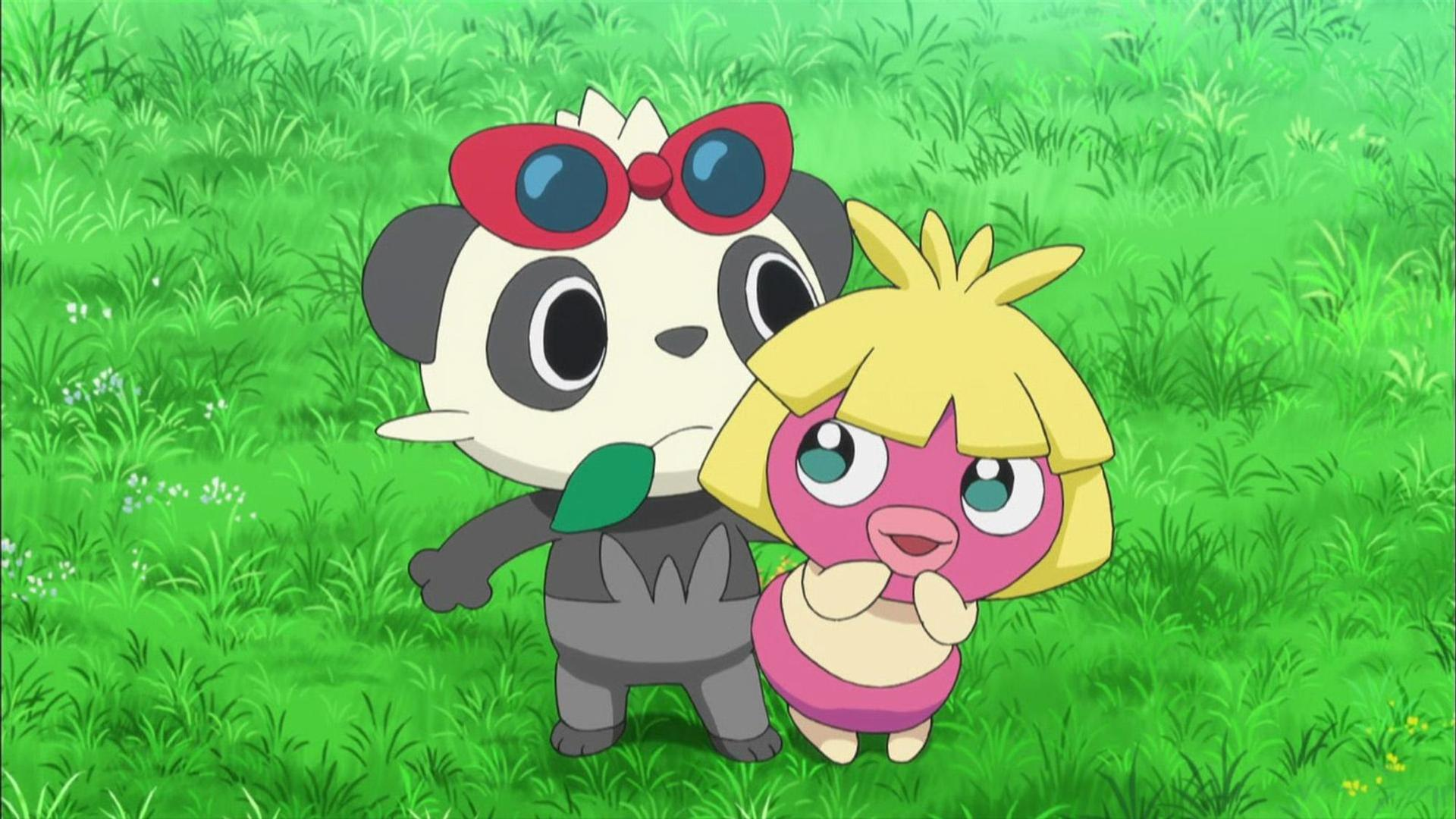 Zwei Pokémon stehen im Gras. Eines ist ein Panda-Pokémon mit roten Sonnenbrillen.