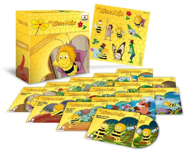 Ein gelbes Box-Set mit "Biene Maja" CDs und Büchern. Es zeigt die Zeichentrickfigur Biene Maja und andere Insekten.