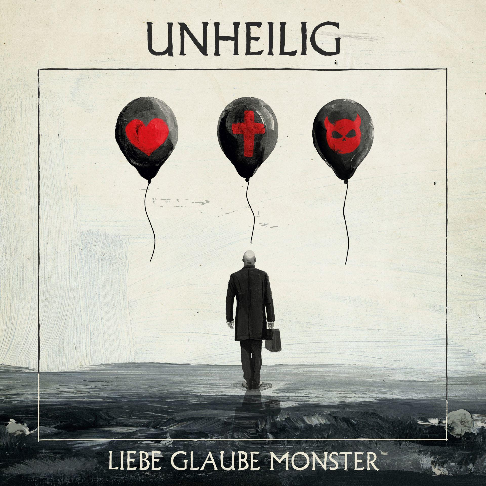 Ein Mann steht vor drei Ballons mit Symbolen. Das Wort Unheilig steht oben, Liebe Glaube Monster unten.