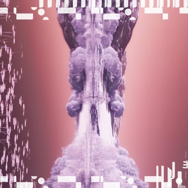 Abstrakte Kunst mit einer lila Struktur vor einem rosa Hintergrund. Weiße geometrische Formen oben und unten.