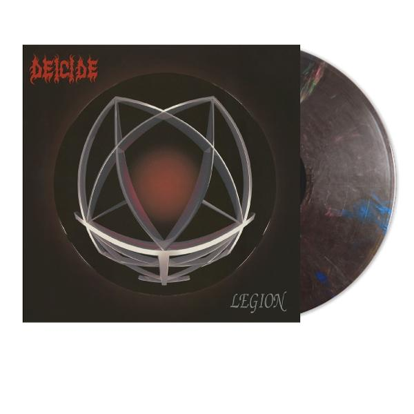 Albumcover für "Legion" von Deicide. Enthält ein geometrisches Design auf dunklem Hintergrund und eine Schallplatte.