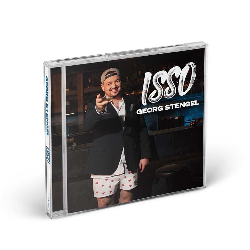 CD-Cover mit einem Mann, der ein Getränk hält. Das Album trägt den Titel 'ISSO' von Georg Stengel. Der Mann trägt Jacke und Shorts.