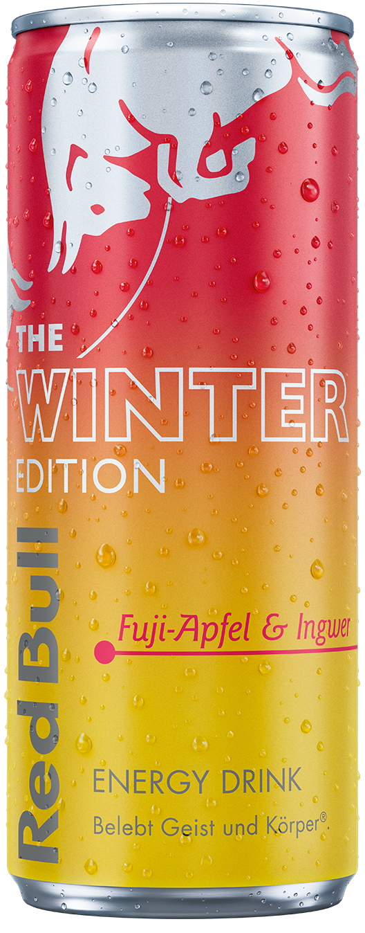 Red Bull Winter Edition Dose. Roter und gelber Farbverlauf mit Wassertropfen. Text: 'Fuji-Apfel & Ingwer'.