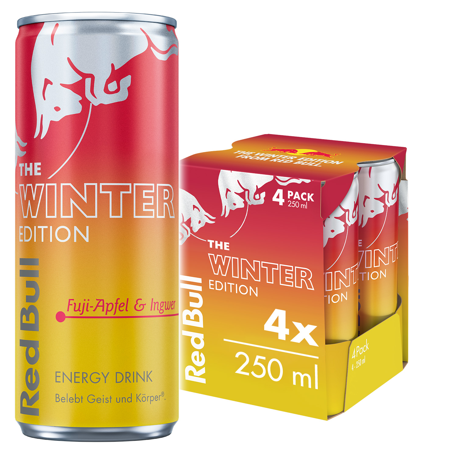 Red Bull Winter Edition Dosen und ein 4er-Pack. Die Dosen sind rot und gelb mit weißen Logos. Der 4er-Pack ist ebenfalls rot und gelb.