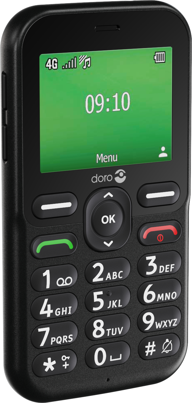 Ein schwarzes Doro-Telefon zeigt 09:10 auf einem grünen Bildschirm an. Es hat große Tasten, eine Menüoption und Signal-/Akku-Symbole.