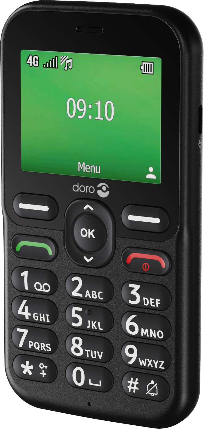 Ein schwarzes Doro-Mobiltelefon zeigt 09:10 auf einem grünen Bildschirm an. Es hat Tasten für Zahlen, Anrufe und Menüoptionen.