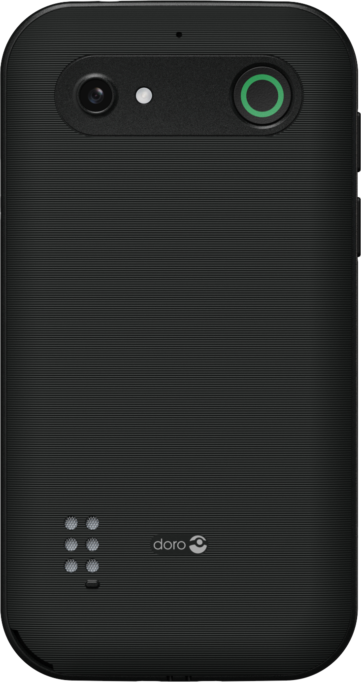 Schwarze Doro-Telefonrückseite. Oben Kamera, Blitz und grüner Kreis. Geriffelte Oberfläche mit Doro-Logo unten.