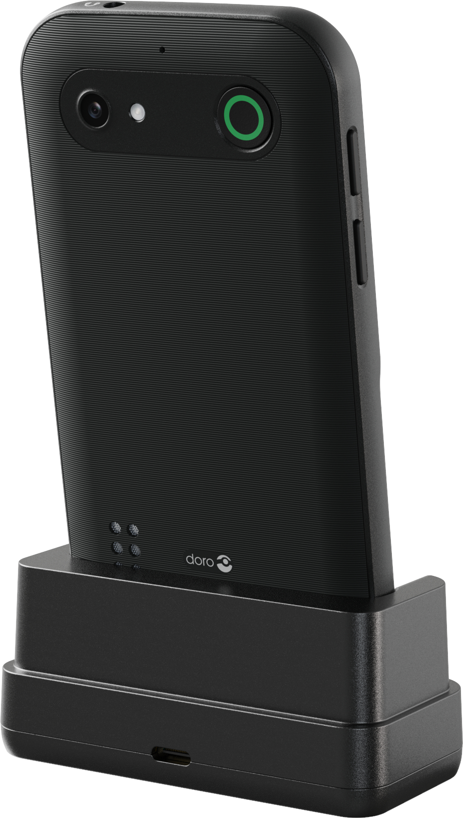 Ein schwarzes Smartphone in einer Ladeschale. Das Telefon hat eine Kamera und eine grün umrandete Taste. Die Halterung ist ebenfalls schwarz.