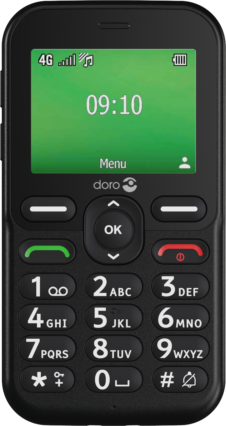 Schwarzes Doro-Telefon mit grünem Bildschirm, der die Uhrzeit 09:10 anzeigt. Mit nummerierten Tasten, einer Menüoption und Anruftasten.