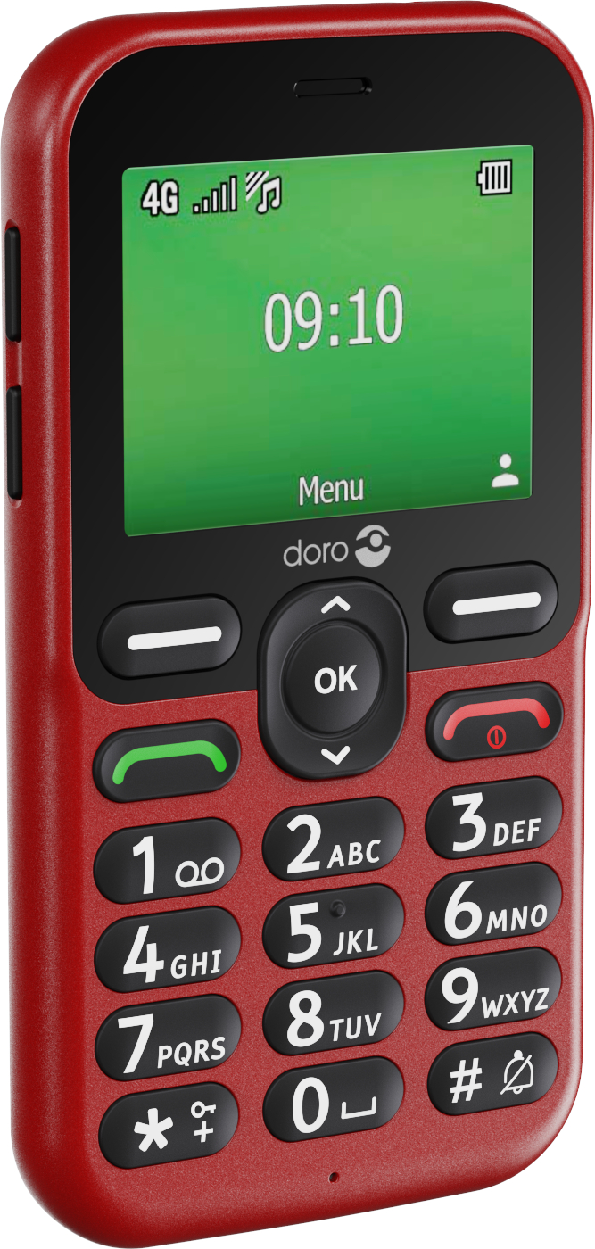 Ein rotes Doro-Telefon zeigt die Uhrzeit 09:10 an. Es hat einen grünen Bildschirm mit dem Wort Menü und mehreren Tasten.