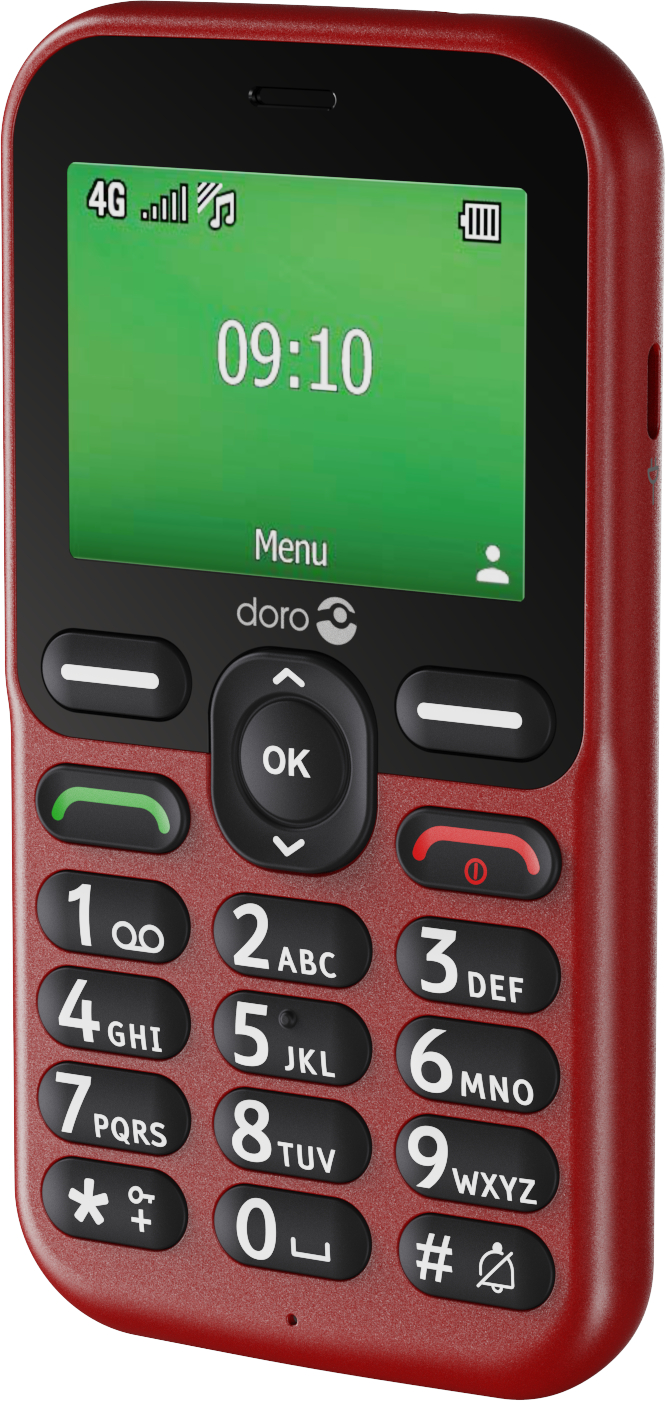 Ein rotes Doro-Handy zeigt 09:10 auf seinem grünen Bildschirm an. Es hat eine Tastatur mit großen Tasten und eine Menüoption.