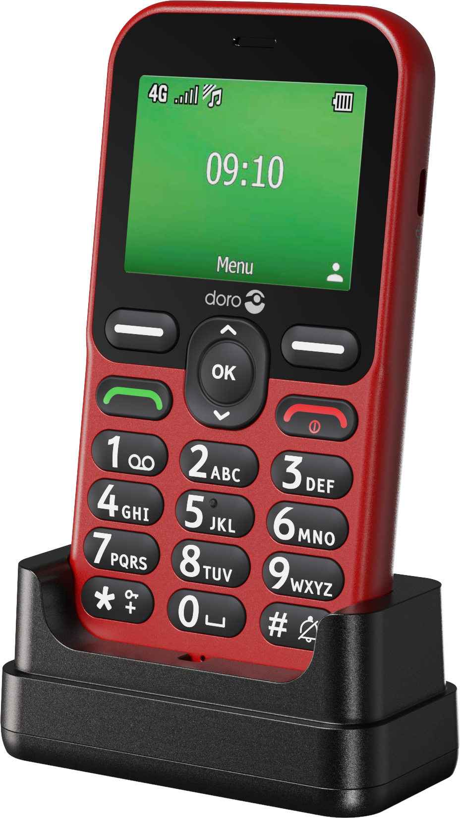 Rotes Doro-Telefon auf einem schwarzen Ladegerät. Der Bildschirm zeigt 09:10. Hat große Tasten und eine einfache Oberfläche.