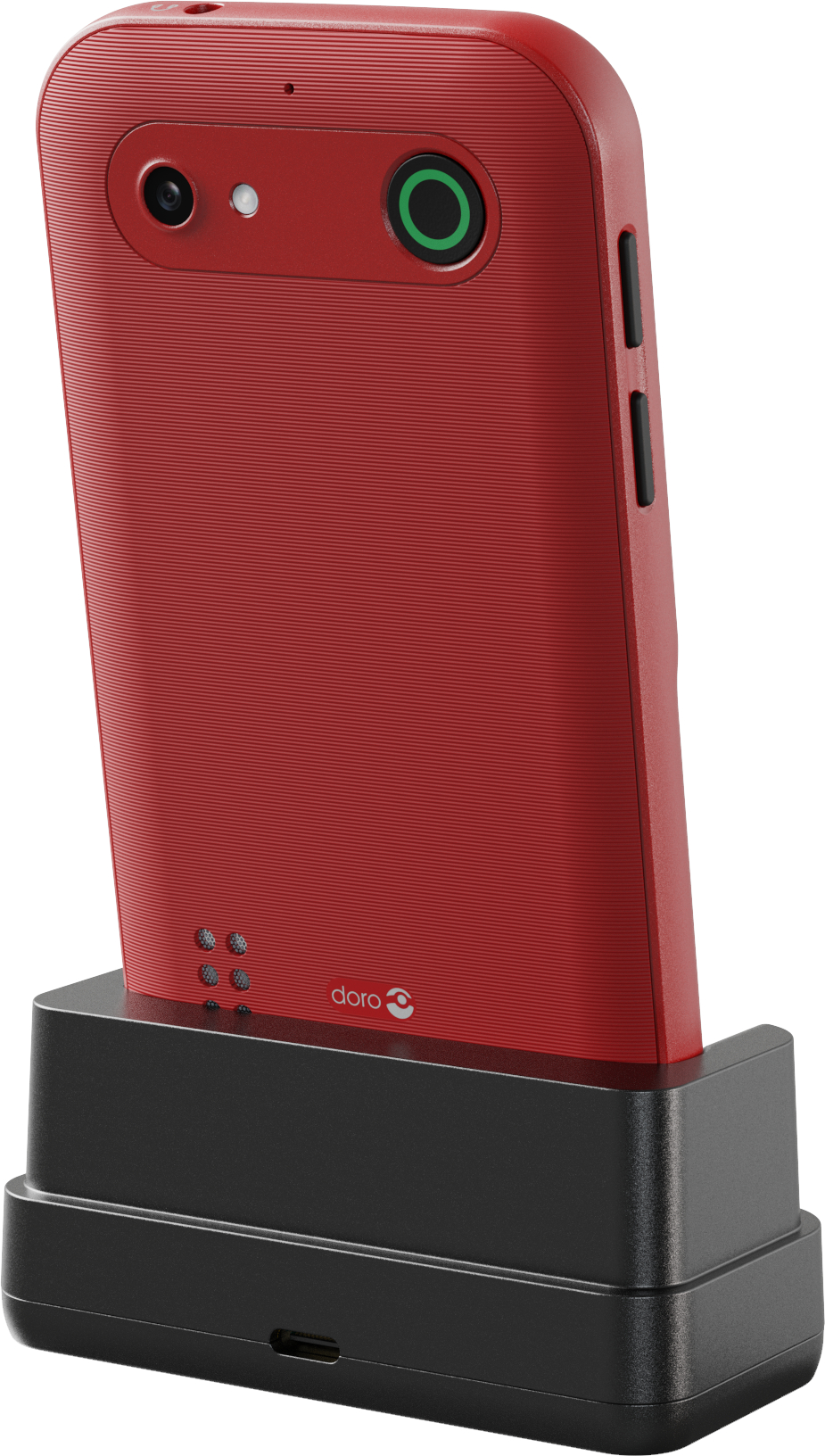 Rotes Telefon auf schwarzer Ladestation. Telefon hat Kamera, Lautsprecher und Tasten. Doro-Logo sichtbar.