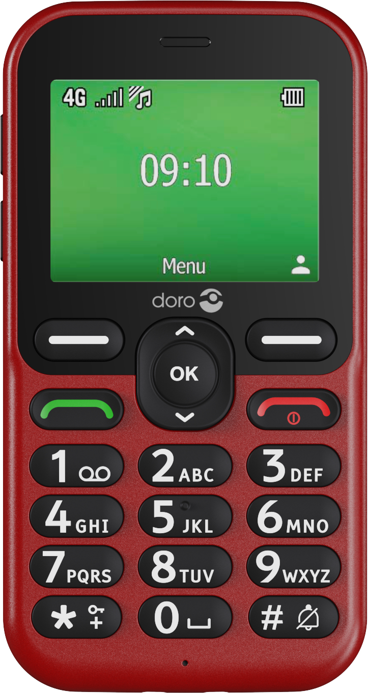 Ein rotes Doro-Telefon mit grünem Bildschirm, der die Uhrzeit 09:10 anzeigt. Es hat große Tasten und ein einfaches Design.