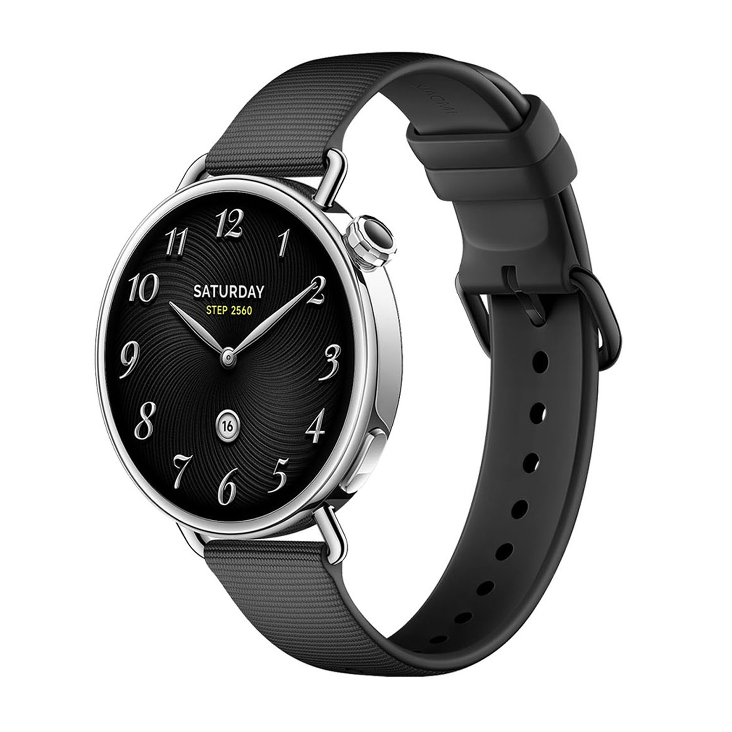 Smartwatch nera con cassa argentata e cinturino nero. Il quadrante mostra numeri, lancette e il giorno della settimana.
