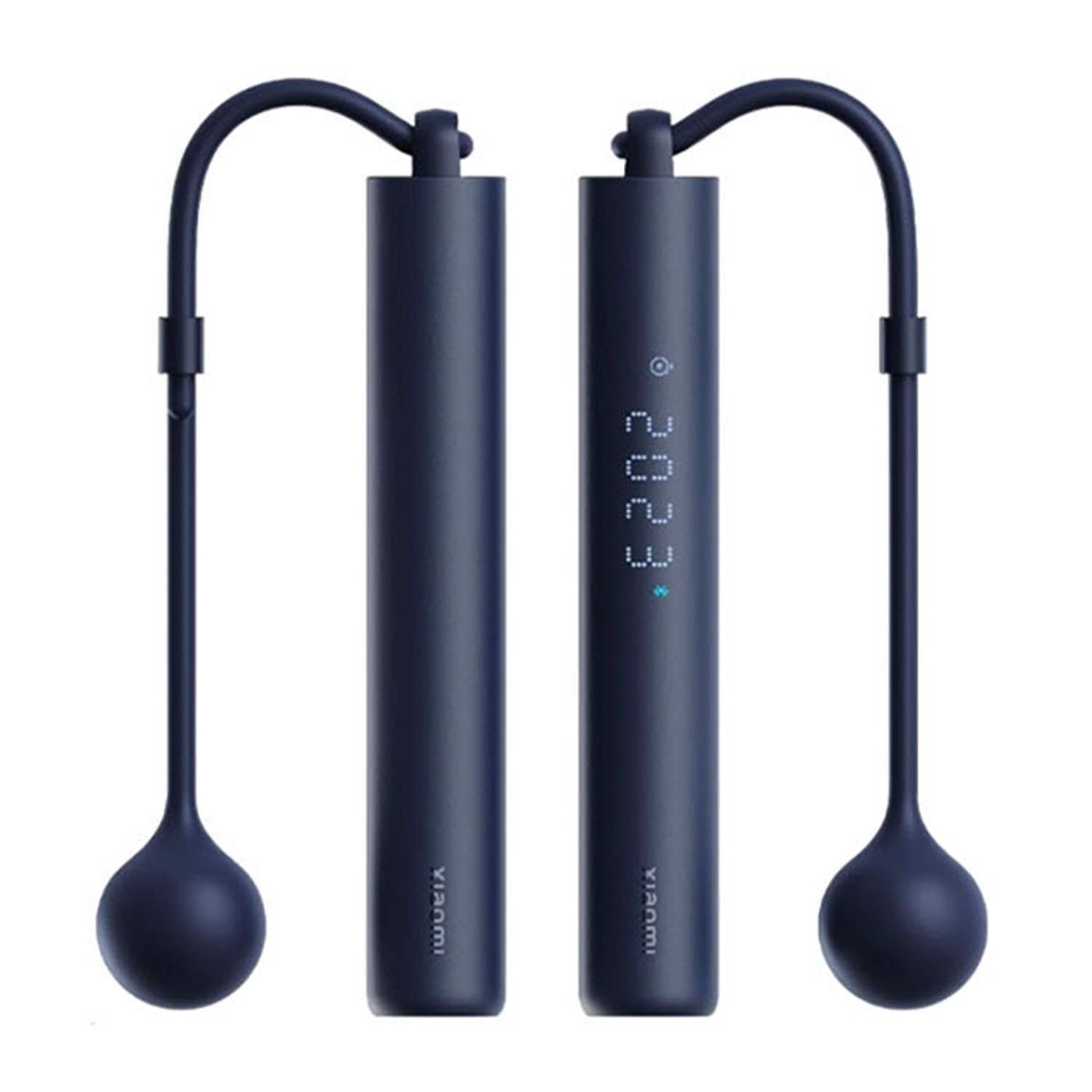 Due corde per saltare blu con manici e estremità curve. Una mostra '2023' sul tubo. Entrambe hanno il logo Xiaomi.