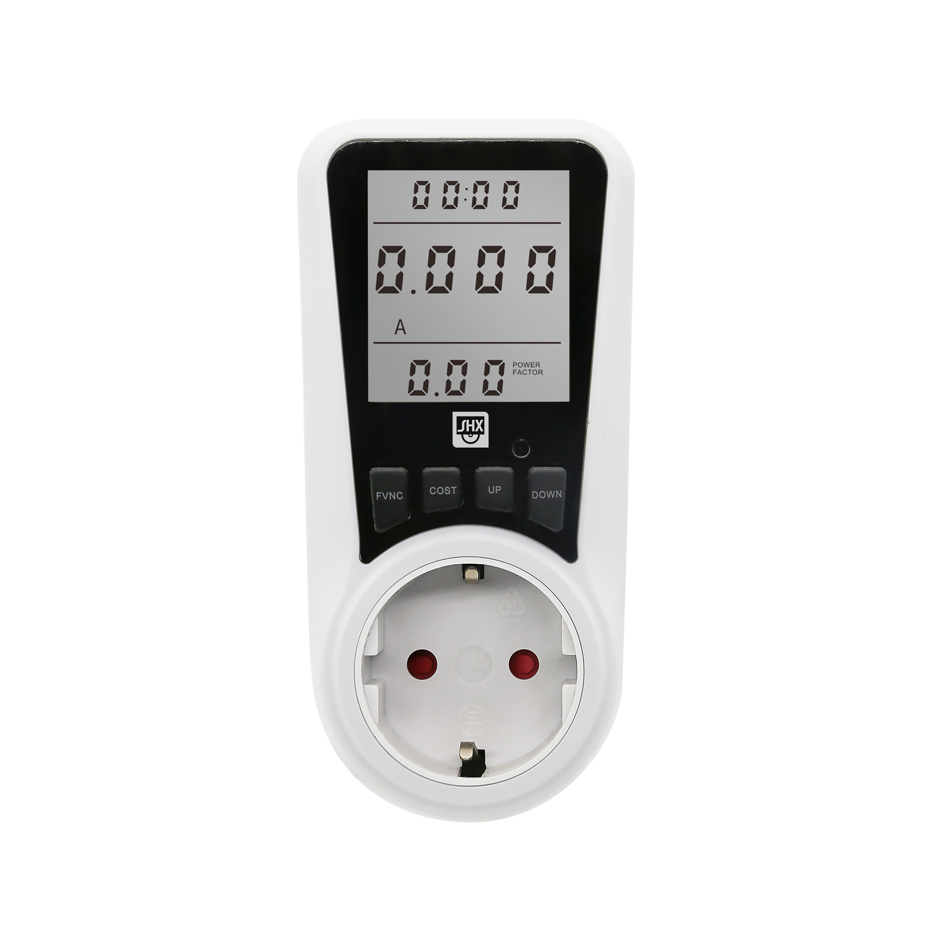 Ein weißes Strommessgerät mit Anzeige, Tasten und einer Steckdose für den Stecker, auf schwarzem Hintergrund.