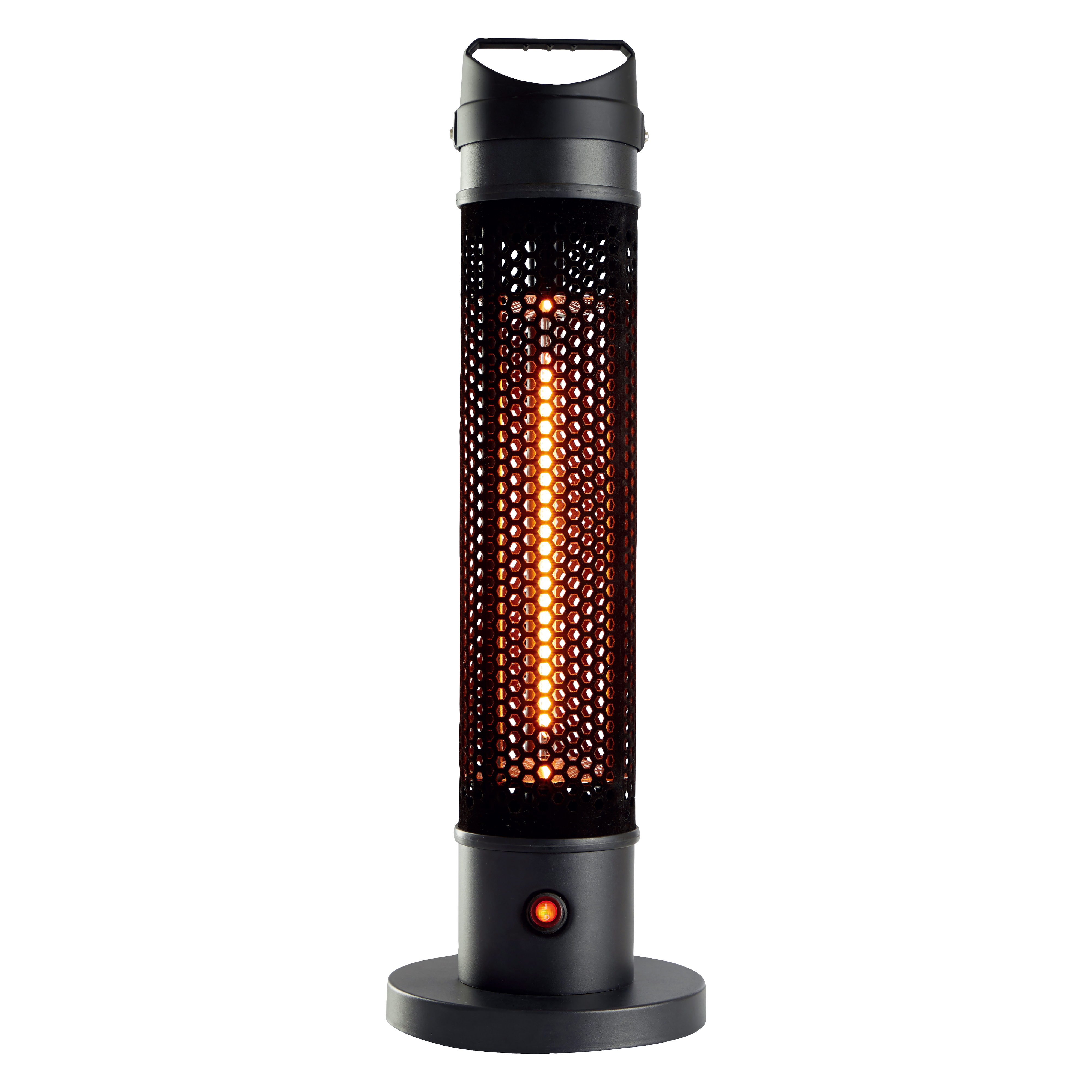 Ein schwarzer Elektroheizer mit rotem Glühkern. Er hat einen runden Sockel, einen perforierten Körper und einen Griff.