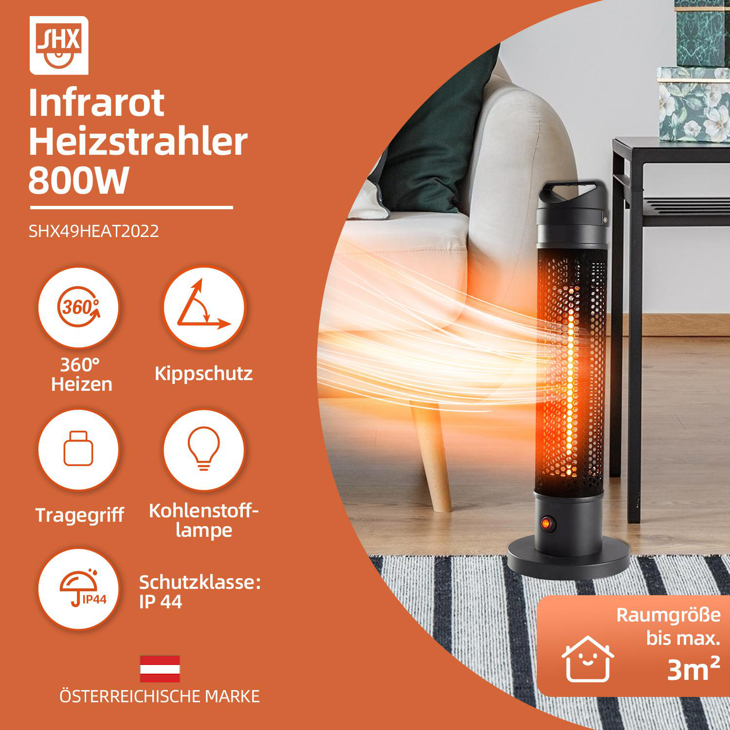Ein Infrarot-Heizgerät mit schwarzem Sockel wird in einer Raumsituation gezeigt. Es hat eine 360-Grad-Heizfunktion und einen Kippschutz.