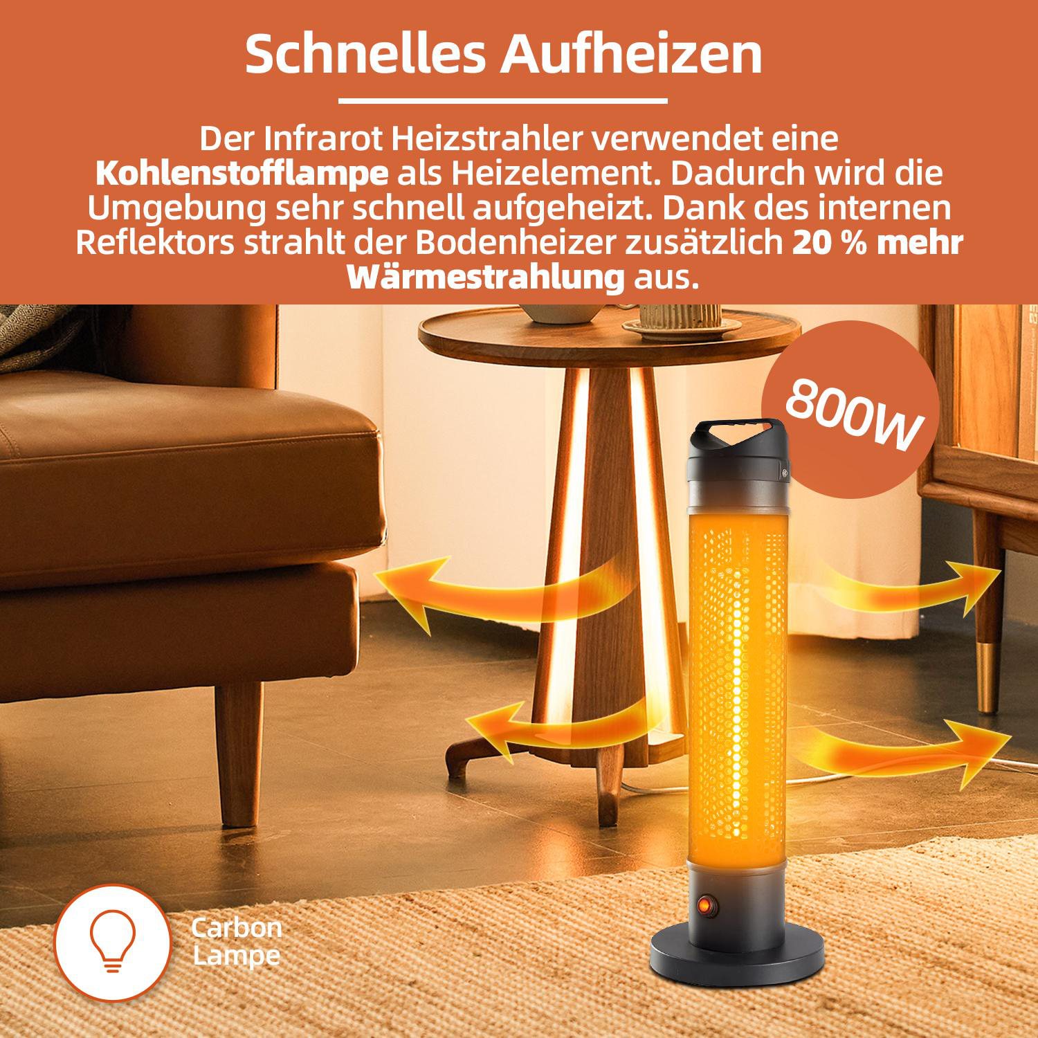 Ein orangefarbener Heizstrahler mit schwarzem Sockel. Pfeile zeigen den Wärmefluss. Text: Schnelles Aufheizen, Kohlenstofflampe, 800W.