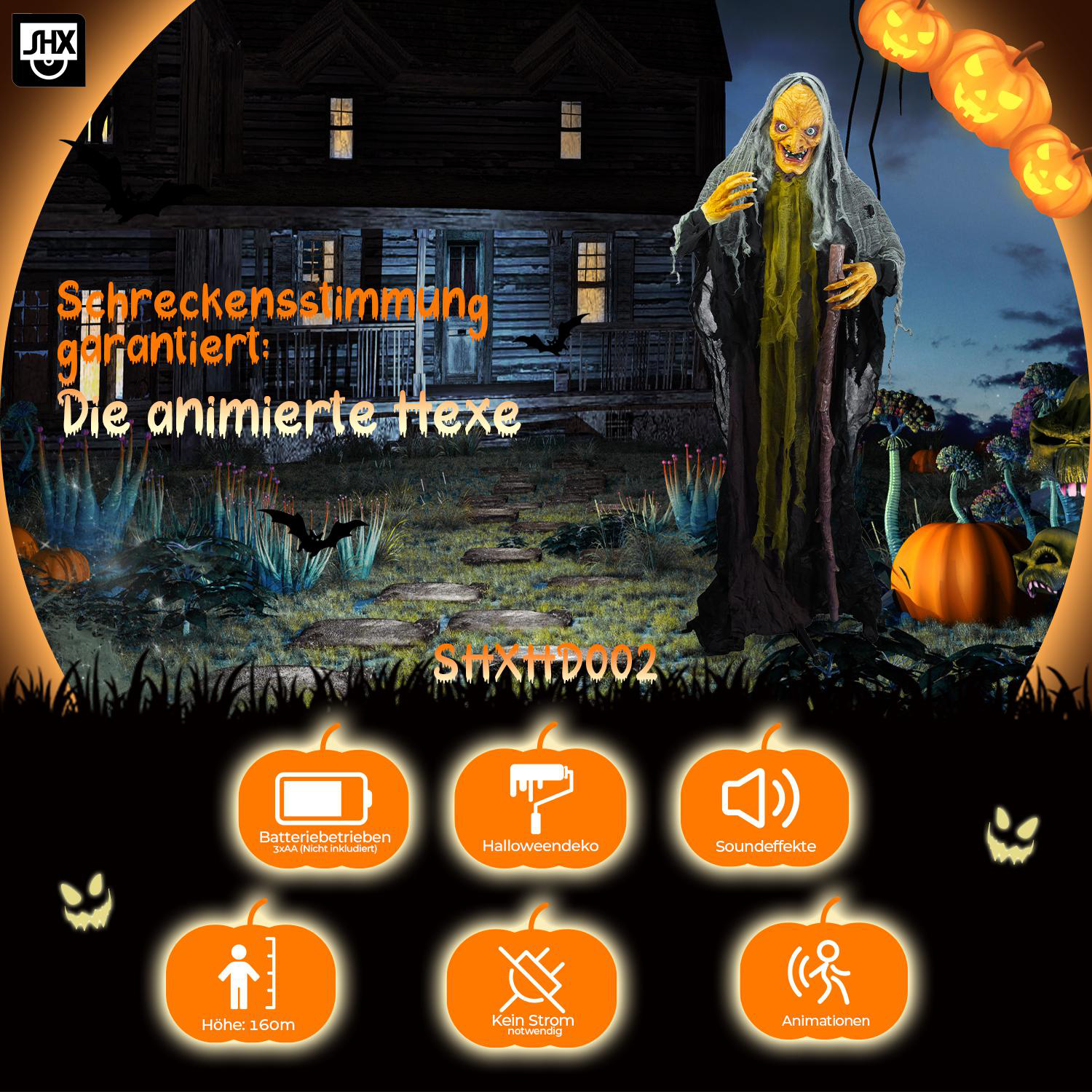 Eine Halloween-Szene mit einer Hexe, Kürbissen und einem Geisterhaus. Text sagt 'animierte Hexe' und Produktdetails werden angezeigt.
