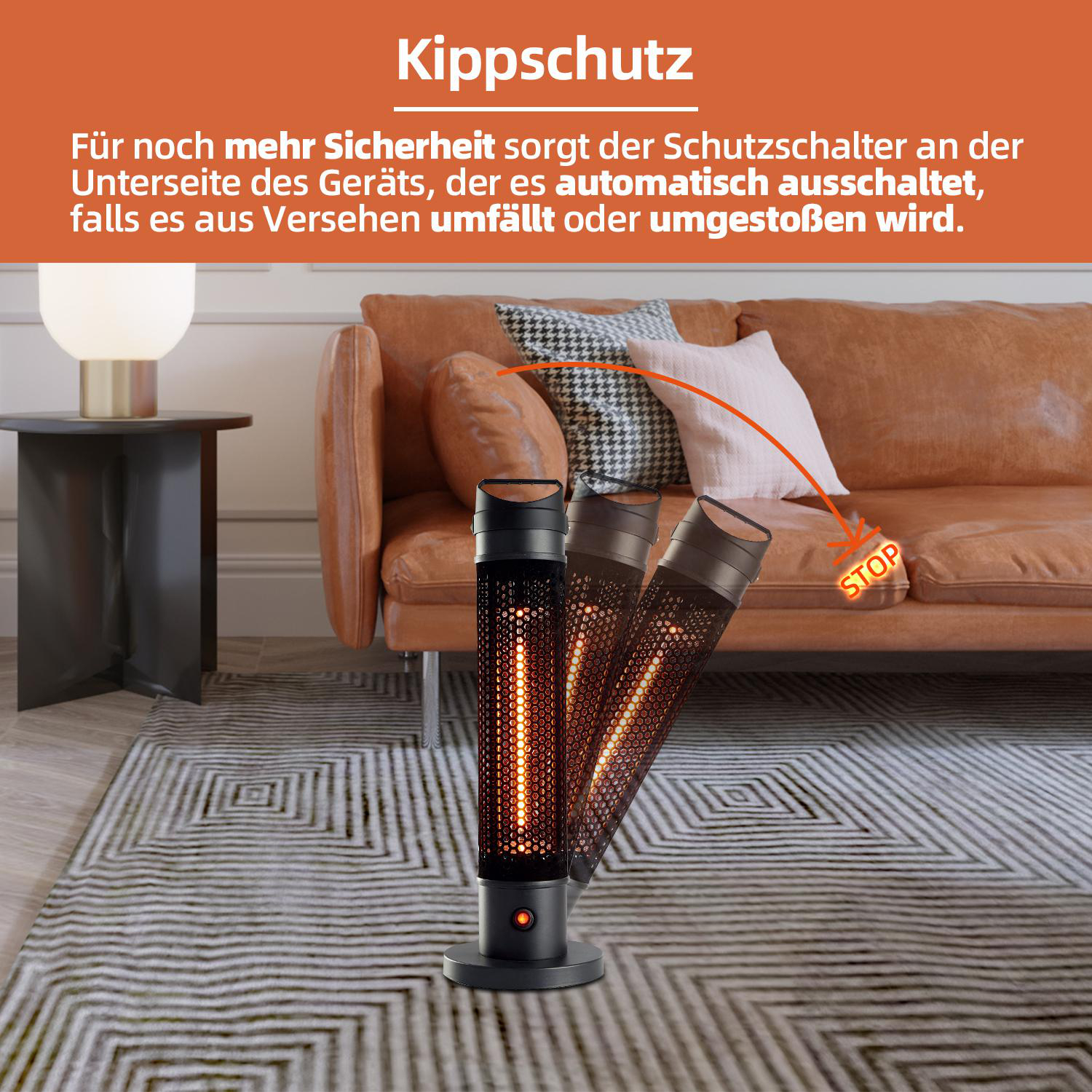 Ein elektrischer Heizlüfter mit drei Kipppositionen. Ein Text beschreibt Sicherheitsmerkmale. Im Hintergrund sind Sofa und Teppich zu sehen.