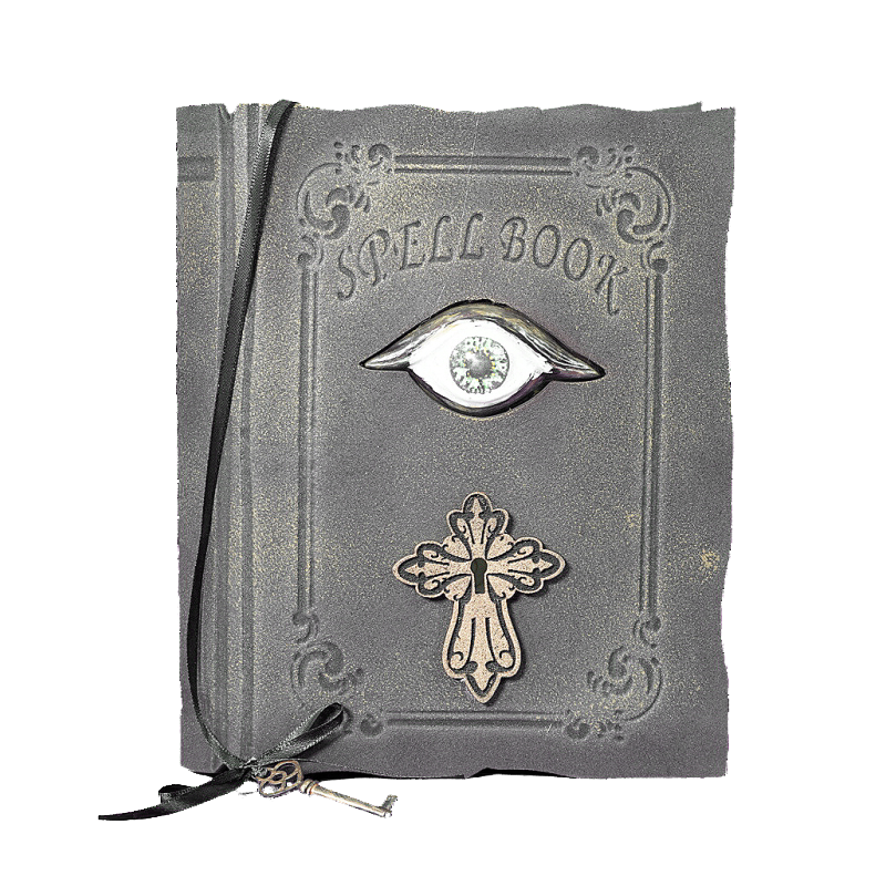 Ein graues Zauberbuch mit Auge, Kreuz und Schlüssel. Auf dem Buch steht 'SPELL BOOK'. Ein schwarzes Band und ein Schlüssel sind am Buch befestigt.