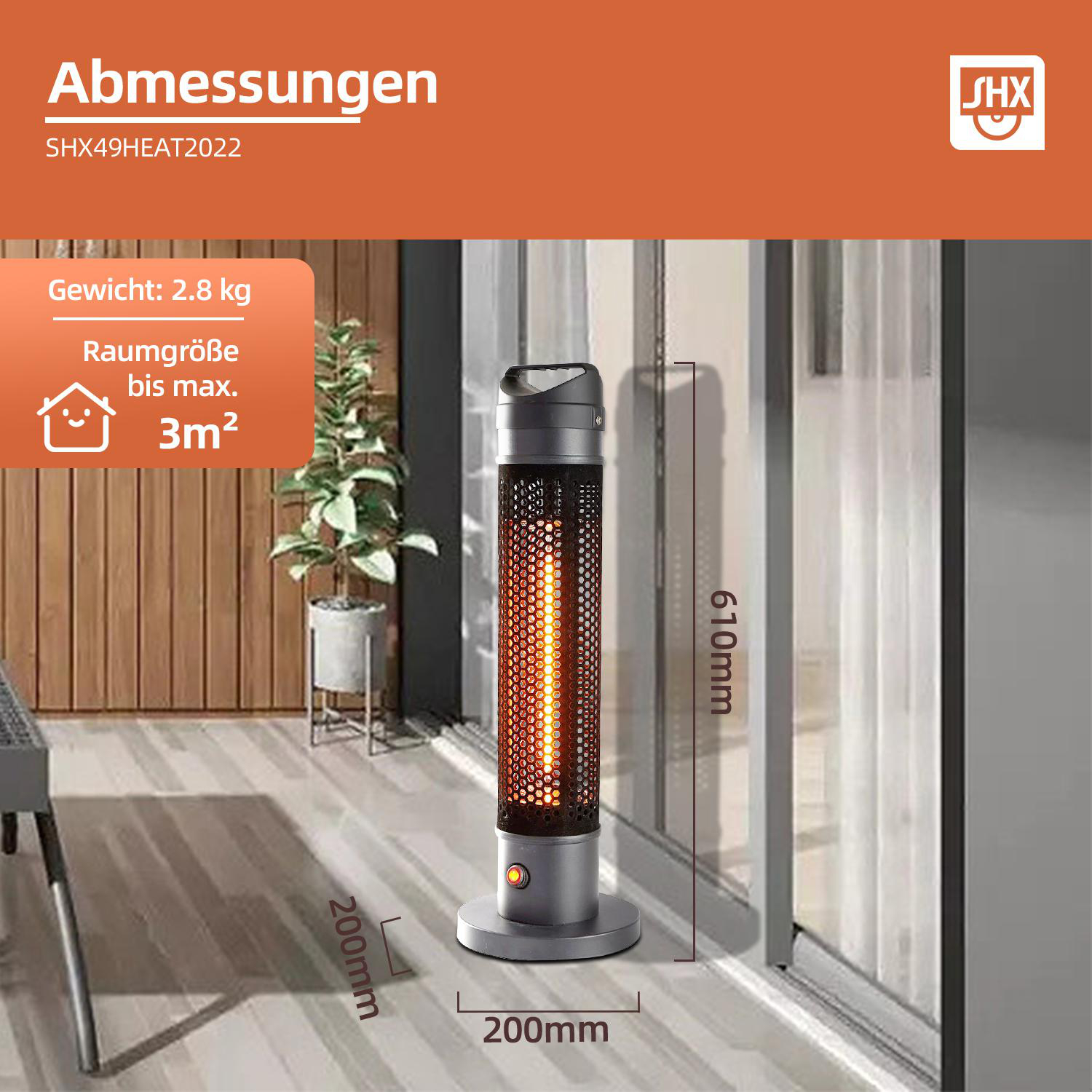 Ein grauer Heizstrahler mit orangefarbenem Glühen, Abmessungen beschriftet. Text enthält Gewicht, Flächenabdeckung und Markenlogo. Pflanze im Hintergrund.
