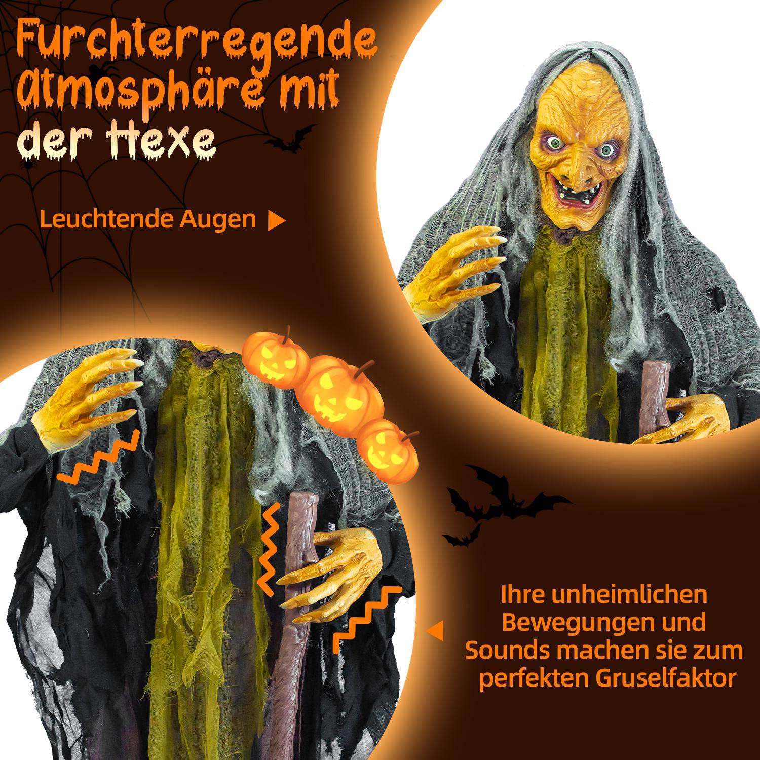 Eine gruselige Hexe mit leuchtenden Augen und einem gruseligen Gesicht. Der Hintergrund hat Kürbisse und Fledermäuse, mit deutschem Text.