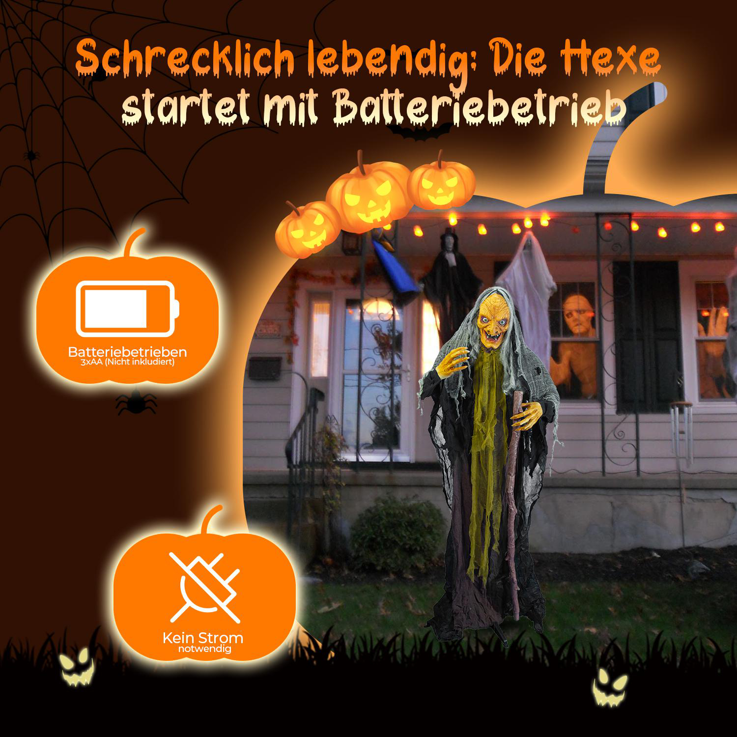 Eine Halloween-Dekoration mit einer Hexe, die einen Stab vor einem Haus mit Kürbissen hält. Text sagt: 'Startet mit Batterie'.